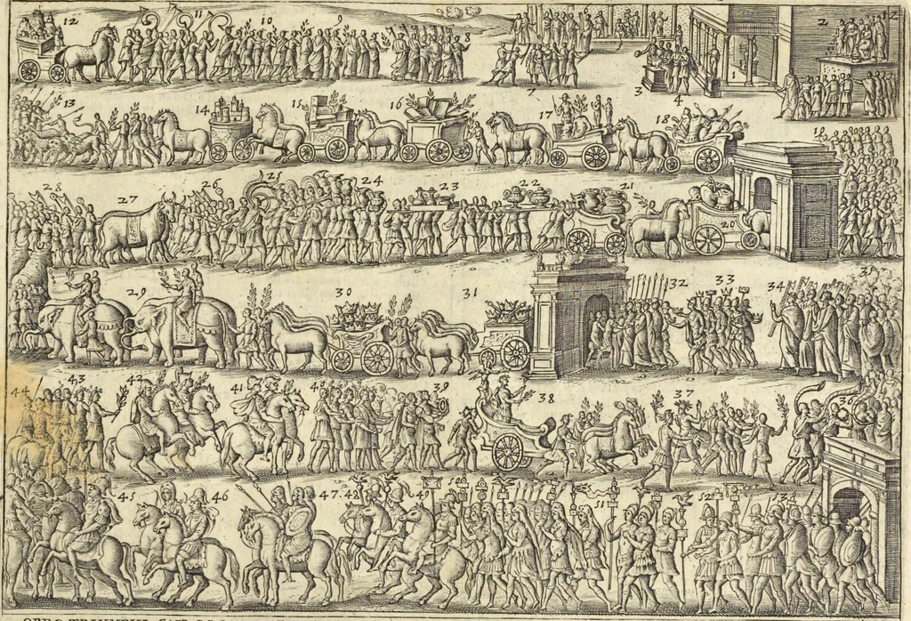 An illustration from Splendore dell'antica e moderna Roma : nel qvale si rappresentano tutti i principali tempii, teatri, anfiteatri, cerchi, naumachie, archi trionfali, obelischi, palagii, terme, curie, basiliche, fatti delli ré, consoli, dittatori, & imperadori romani : dignità ciuili, e militari, ordine de' trionfi, nomi di tutti i trionfanti, sacrificio militare; colonna Traiana, colonna Antonina, colonna milliaria, colonna rostrata, & colonna bellica; con li più segnalati giardini de gli antichi, e moderni Romani & altre cose notabili, con fatti, & imprese di quelli, da'quali sono stati eretti, e dedicati. : et in questa vltima impressione abbellito di molti disegni antichi, e moderni; & aggiuntoui le descrittioni delle figure cauate dall'antichi medaglie de gl'imperadori, in quatto linguagi latino, italiano, tedesco, e francese, per vtilità commune, 1641, leaf 48