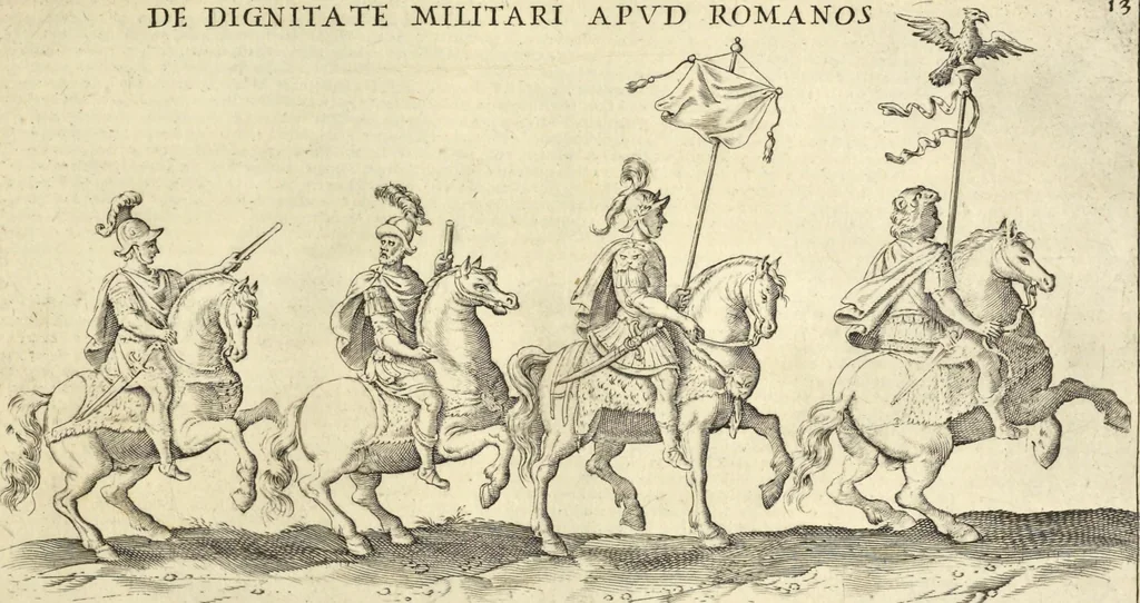 An illustration from Splendore dell'antica e moderna Roma : nel qvale si rappresentano tutti i principali tempii, teatri, anfiteatri, cerchi, naumachie, archi trionfali, obelischi, palagii, terme, curie, basiliche, fatti delli ré, consoli, dittatori, & imperadori romani : dignità ciuili, e militari, ordine de' trionfi, nomi di tutti i trionfanti, sacrificio militare; colonna Traiana, colonna Antonina, colonna milliaria, colonna rostrata, & colonna bellica; con li più segnalati giardini de gli antichi, e moderni Romani & altre cose notabili, con fatti, & imprese di quelli, da'quali sono stati eretti, e dedicati. : et in questa vltima impressione abbellito di molti disegni antichi, e moderni; & aggiuntoui le descrittioni delle figure cauate dall'antichi medaglie de gl'imperadori, in quatto linguagi latino, italiano, tedesco, e francese, per vtilità commune, 1641, leaf 52
