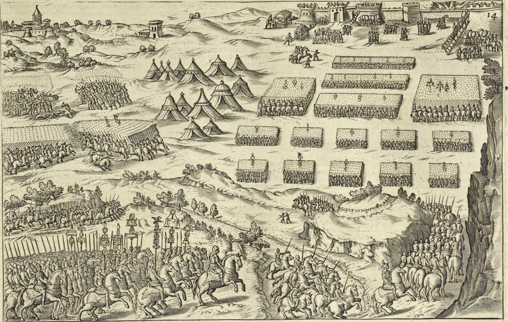 An illustration from Splendore dell'antica e moderna Roma : nel qvale si rappresentano tutti i principali tempii, teatri, anfiteatri, cerchi, naumachie, archi trionfali, obelischi, palagii, terme, curie, basiliche, fatti delli ré, consoli, dittatori, & imperadori romani : dignità ciuili, e militari, ordine de' trionfi, nomi di tutti i trionfanti, sacrificio militare; colonna Traiana, colonna Antonina, colonna milliaria, colonna rostrata, & colonna bellica; con li più segnalati giardini de gli antichi, e moderni Romani & altre cose notabili, con fatti, & imprese di quelli, da'quali sono stati eretti, e dedicati. : et in questa vltima impressione abbellito di molti disegni antichi, e moderni; & aggiuntoui le descrittioni delle figure cauate dall'antichi medaglie de gl'imperadori, in quatto linguagi latino, italiano, tedesco, e francese, per vtilità commune, 1641, leaf 54