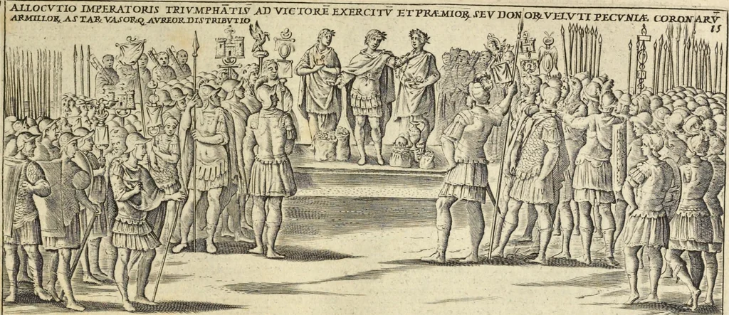 An illustration from Splendore dell'antica e moderna Roma : nel qvale si rappresentano tutti i principali tempii, teatri, anfiteatri, cerchi, naumachie, archi trionfali, obelischi, palagii, terme, curie, basiliche, fatti delli ré, consoli, dittatori, & imperadori romani : dignità ciuili, e militari, ordine de' trionfi, nomi di tutti i trionfanti, sacrificio militare; colonna Traiana, colonna Antonina, colonna milliaria, colonna rostrata, & colonna bellica; con li più segnalati giardini de gli antichi, e moderni Romani & altre cose notabili, con fatti, & imprese di quelli, da'quali sono stati eretti, e dedicati. : et in questa vltima impressione abbellito di molti disegni antichi, e moderni; & aggiuntoui le descrittioni delle figure cauate dall'antichi medaglie de gl'imperadori, in quatto linguagi latino, italiano, tedesco, e francese, per vtilità commune, 1641, leaf 56
