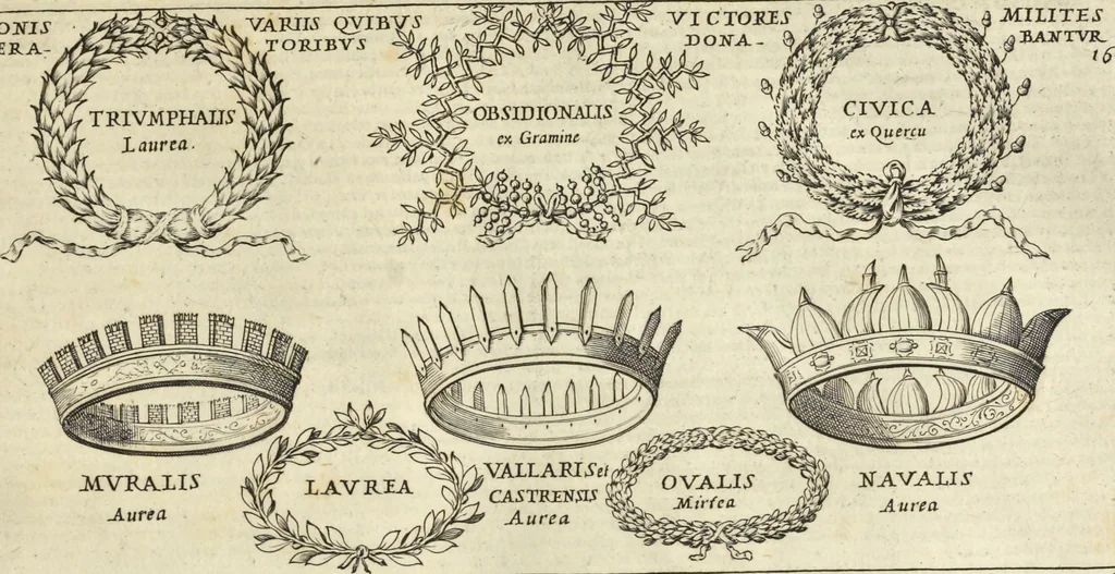 An illustration from Splendore dell'antica e moderna Roma : nel qvale si rappresentano tutti i principali tempii, teatri, anfiteatri, cerchi, naumachie, archi trionfali, obelischi, palagii, terme, curie, basiliche, fatti delli ré, consoli, dittatori, & imperadori romani : dignità ciuili, e militari, ordine de' trionfi, nomi di tutti i trionfanti, sacrificio militare; colonna Traiana, colonna Antonina, colonna milliaria, colonna rostrata, & colonna bellica; con li più segnalati giardini de gli antichi, e moderni Romani & altre cose notabili, con fatti, & imprese di quelli, da'quali sono stati eretti, e dedicati. : et in questa vltima impressione abbellito di molti disegni antichi, e moderni; & aggiuntoui le descrittioni delle figure cauate dall'antichi medaglie de gl'imperadori, in quatto linguagi latino, italiano, tedesco, e francese, per vtilità commune, 1641, leaf 58