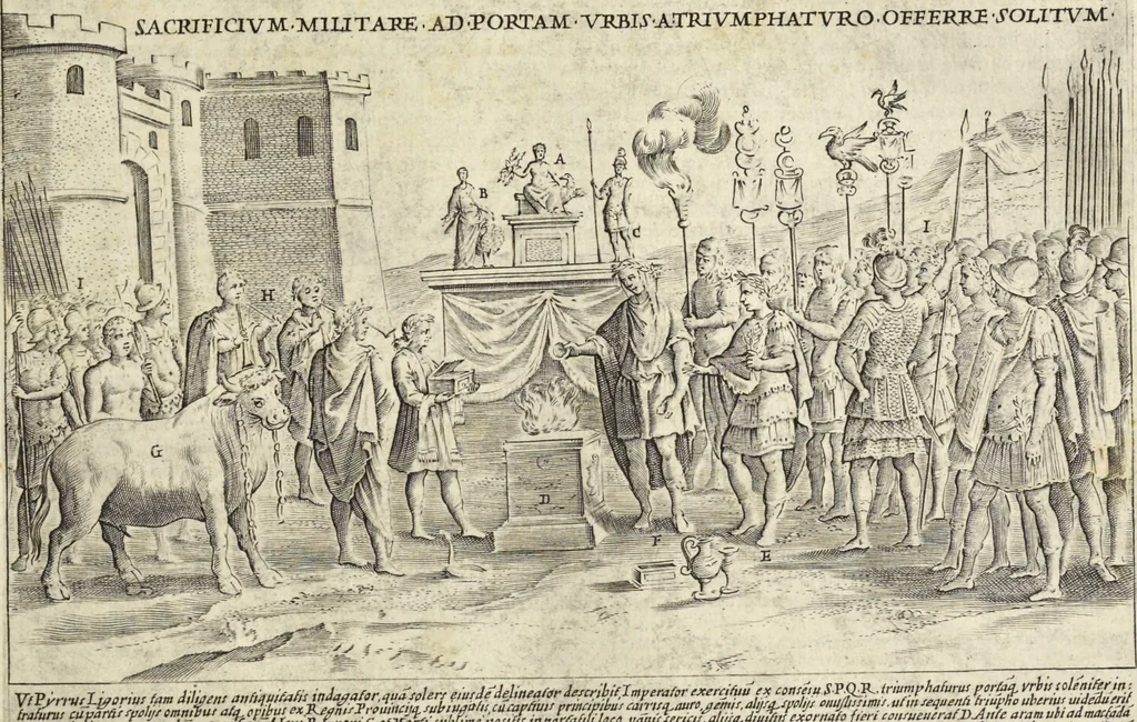 An illustration from Splendore dell'antica e moderna Roma : nel qvale si rappresentano tutti i principali tempii, teatri, anfiteatri, cerchi, naumachie, archi trionfali, obelischi, palagii, terme, curie, basiliche, fatti delli ré, consoli, dittatori, & imperadori romani : dignità ciuili, e militari, ordine de' trionfi, nomi di tutti i trionfanti, sacrificio militare; colonna Traiana, colonna Antonina, colonna milliaria, colonna rostrata, & colonna bellica; con li più segnalati giardini de gli antichi, e moderni Romani & altre cose notabili, con fatti, & imprese di quelli, da'quali sono stati eretti, e dedicati. : et in questa vltima impressione abbellito di molti disegni antichi, e moderni; & aggiuntoui le descrittioni delle figure cauate dall'antichi medaglie de gl'imperadori, in quatto linguagi latino, italiano, tedesco, e francese, per vtilità commune, 1641, leaf 60