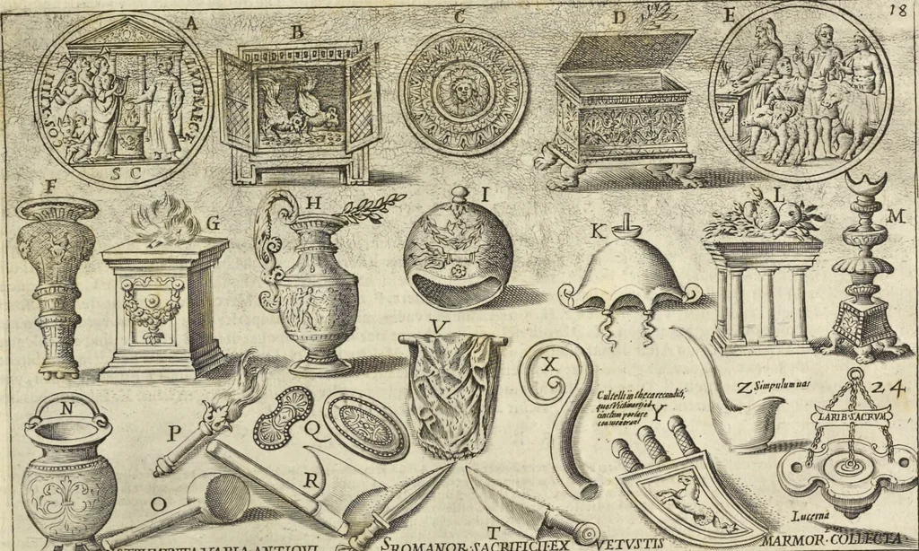 An illustration from Splendore dell'antica e moderna Roma : nel qvale si rappresentano tutti i principali tempii, teatri, anfiteatri, cerchi, naumachie, archi trionfali, obelischi, palagii, terme, curie, basiliche, fatti delli ré, consoli, dittatori, & imperadori romani : dignità ciuili, e militari, ordine de' trionfi, nomi di tutti i trionfanti, sacrificio militare; colonna Traiana, colonna Antonina, colonna milliaria, colonna rostrata, & colonna bellica; con li più segnalati giardini de gli antichi, e moderni Romani & altre cose notabili, con fatti, & imprese di quelli, da'quali sono stati eretti, e dedicati. : et in questa vltima impressione abbellito di molti disegni antichi, e moderni; & aggiuntoui le descrittioni delle figure cauate dall'antichi medaglie de gl'imperadori, in quatto linguagi latino, italiano, tedesco, e francese, per vtilità commune, 1641, leaf 62