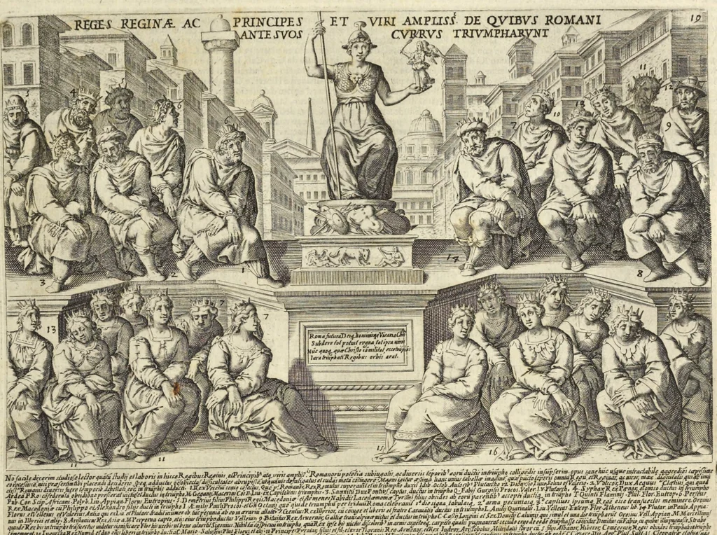 An illustration from Splendore dell'antica e moderna Roma : nel qvale si rappresentano tutti i principali tempii, teatri, anfiteatri, cerchi, naumachie, archi trionfali, obelischi, palagii, terme, curie, basiliche, fatti delli ré, consoli, dittatori, & imperadori romani : dignità ciuili, e militari, ordine de' trionfi, nomi di tutti i trionfanti, sacrificio militare; colonna Traiana, colonna Antonina, colonna milliaria, colonna rostrata, & colonna bellica; con li più segnalati giardini de gli antichi, e moderni Romani & altre cose notabili, con fatti, & imprese di quelli, da'quali sono stati eretti, e dedicati. : et in questa vltima impressione abbellito di molti disegni antichi, e moderni; & aggiuntoui le descrittioni delle figure cauate dall'antichi medaglie de gl'imperadori, in quatto linguagi latino, italiano, tedesco, e francese, per vtilità commune, 1641, leaf 64