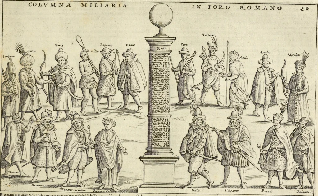 An illustration from Splendore dell'antica e moderna Roma : nel qvale si rappresentano tutti i principali tempii, teatri, anfiteatri, cerchi, naumachie, archi trionfali, obelischi, palagii, terme, curie, basiliche, fatti delli ré, consoli, dittatori, & imperadori romani : dignità ciuili, e militari, ordine de' trionfi, nomi di tutti i trionfanti, sacrificio militare; colonna Traiana, colonna Antonina, colonna milliaria, colonna rostrata, & colonna bellica; con li più segnalati giardini de gli antichi, e moderni Romani & altre cose notabili, con fatti, & imprese di quelli, da'quali sono stati eretti, e dedicati. : et in questa vltima impressione abbellito di molti disegni antichi, e moderni; & aggiuntoui le descrittioni delle figure cauate dall'antichi medaglie de gl'imperadori, in quatto linguagi latino, italiano, tedesco, e francese, per vtilità commune, 1641, leaf 66