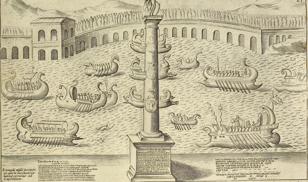 An illustration from Splendore dell'antica e moderna Roma : nel qvale si rappresentano tutti i principali tempii, teatri, anfiteatri, cerchi, naumachie, archi trionfali, obelischi, palagii, terme, curie, basiliche, fatti delli ré, consoli, dittatori, & imperadori romani : dignità ciuili, e militari, ordine de' trionfi, nomi di tutti i trionfanti, sacrificio militare; colonna Traiana, colonna Antonina, colonna milliaria, colonna rostrata, & colonna bellica; con li più segnalati giardini de gli antichi, e moderni Romani & altre cose notabili, con fatti, & imprese di quelli, da'quali sono stati eretti, e dedicati. : et in questa vltima impressione abbellito di molti disegni antichi, e moderni; & aggiuntoui le descrittioni delle figure cauate dall'antichi medaglie de gl'imperadori, in quatto linguagi latino, italiano, tedesco, e francese, per vtilità commune, 1641, leaf 68