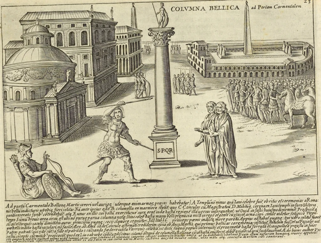 An illustration from Splendore dell'antica e moderna Roma : nel qvale si rappresentano tutti i principali tempii, teatri, anfiteatri, cerchi, naumachie, archi trionfali, obelischi, palagii, terme, curie, basiliche, fatti delli ré, consoli, dittatori, & imperadori romani : dignità ciuili, e militari, ordine de' trionfi, nomi di tutti i trionfanti, sacrificio militare; colonna Traiana, colonna Antonina, colonna milliaria, colonna rostrata, & colonna bellica; con li più segnalati giardini de gli antichi, e moderni Romani & altre cose notabili, con fatti, & imprese di quelli, da'quali sono stati eretti, e dedicati. : et in questa vltima impressione abbellito di molti disegni antichi, e moderni; & aggiuntoui le descrittioni delle figure cauate dall'antichi medaglie de gl'imperadori, in quatto linguagi latino, italiano, tedesco, e francese, per vtilità commune, 1641, leaf 72