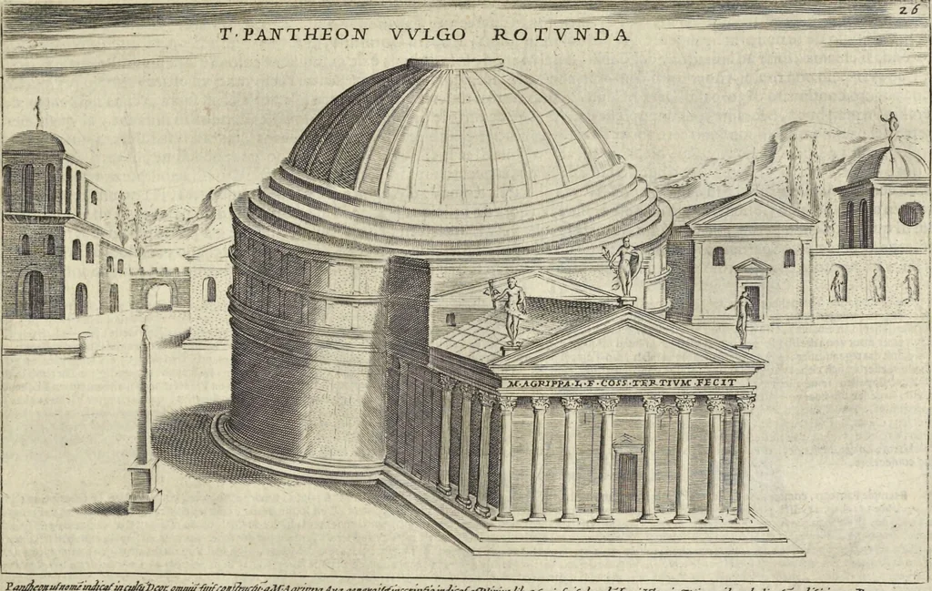 An illustration from Splendore dell'antica e moderna Roma : nel qvale si rappresentano tutti i principali tempii, teatri, anfiteatri, cerchi, naumachie, archi trionfali, obelischi, palagii, terme, curie, basiliche, fatti delli ré, consoli, dittatori, & imperadori romani : dignità ciuili, e militari, ordine de' trionfi, nomi di tutti i trionfanti, sacrificio militare; colonna Traiana, colonna Antonina, colonna milliaria, colonna rostrata, & colonna bellica; con li più segnalati giardini de gli antichi, e moderni Romani & altre cose notabili, con fatti, & imprese di quelli, da'quali sono stati eretti, e dedicati. : et in questa vltima impressione abbellito di molti disegni antichi, e moderni; & aggiuntoui le descrittioni delle figure cauate dall'antichi medaglie de gl'imperadori, in quatto linguagi latino, italiano, tedesco, e francese, per vtilità commune, 1641, leaf 78