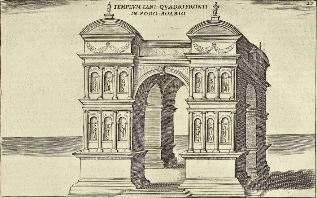 An illustration from Splendore dell'antica e moderna Roma : nel qvale si rappresentano tutti i principali tempii, teatri, anfiteatri, cerchi, naumachie, archi trionfali, obelischi, palagii, terme, curie, basiliche, fatti delli ré, consoli, dittatori, & imperadori romani : dignità ciuili, e militari, ordine de' trionfi, nomi di tutti i trionfanti, sacrificio militare; colonna Traiana, colonna Antonina, colonna milliaria, colonna rostrata, & colonna bellica; con li più segnalati giardini de gli antichi, e moderni Romani & altre cose notabili, con fatti, & imprese di quelli, da'quali sono stati eretti, e dedicati. : et in questa vltima impressione abbellito di molti disegni antichi, e moderni; & aggiuntoui le descrittioni delle figure cauate dall'antichi medaglie de gl'imperadori, in quatto linguagi latino, italiano, tedesco, e francese, per vtilità commune, 1641, leaf 80