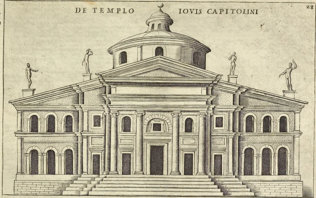 An illustration from Splendore dell'antica e moderna Roma : nel qvale si rappresentano tutti i principali tempii, teatri, anfiteatri, cerchi, naumachie, archi trionfali, obelischi, palagii, terme, curie, basiliche, fatti delli ré, consoli, dittatori, & imperadori romani : dignità ciuili, e militari, ordine de' trionfi, nomi di tutti i trionfanti, sacrificio militare; colonna Traiana, colonna Antonina, colonna milliaria, colonna rostrata, & colonna bellica; con li più segnalati giardini de gli antichi, e moderni Romani & altre cose notabili, con fatti, & imprese di quelli, da'quali sono stati eretti, e dedicati. : et in questa vltima impressione abbellito di molti disegni antichi, e moderni; & aggiuntoui le descrittioni delle figure cauate dall'antichi medaglie de gl'imperadori, in quatto linguagi latino, italiano, tedesco, e francese, per vtilità commune, 1641, leaf 82