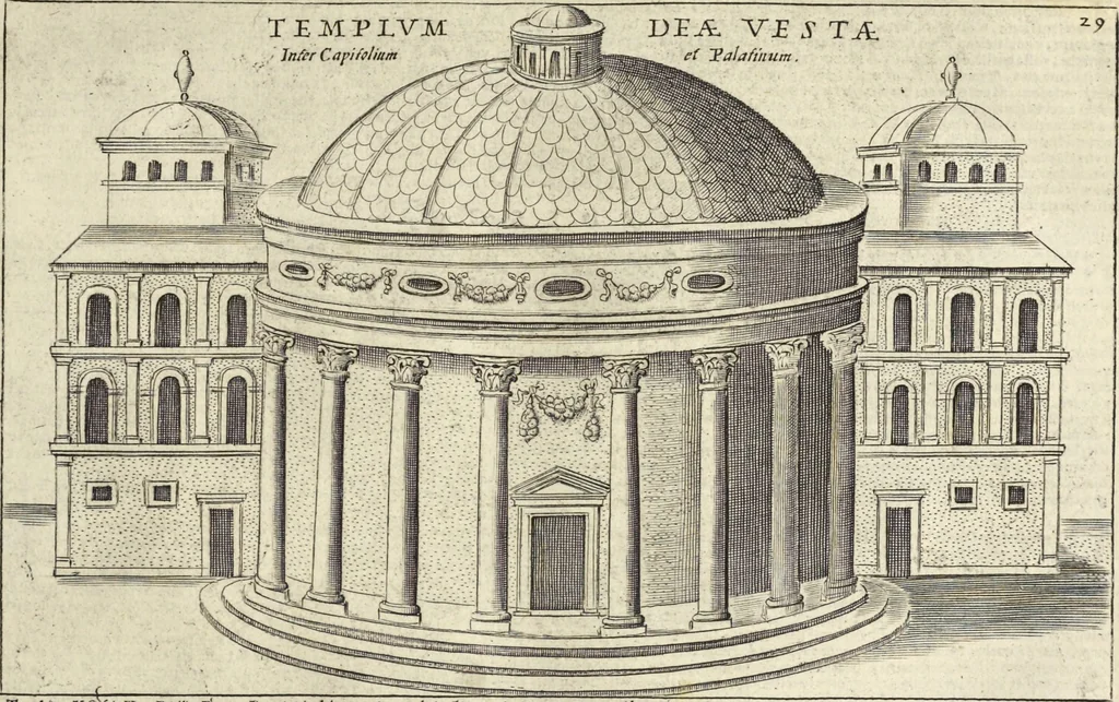 An illustration from Splendore dell'antica e moderna Roma : nel qvale si rappresentano tutti i principali tempii, teatri, anfiteatri, cerchi, naumachie, archi trionfali, obelischi, palagii, terme, curie, basiliche, fatti delli ré, consoli, dittatori, & imperadori romani : dignità ciuili, e militari, ordine de' trionfi, nomi di tutti i trionfanti, sacrificio militare; colonna Traiana, colonna Antonina, colonna milliaria, colonna rostrata, & colonna bellica; con li più segnalati giardini de gli antichi, e moderni Romani & altre cose notabili, con fatti, & imprese di quelli, da'quali sono stati eretti, e dedicati. : et in questa vltima impressione abbellito di molti disegni antichi, e moderni; & aggiuntoui le descrittioni delle figure cauate dall'antichi medaglie de gl'imperadori, in quatto linguagi latino, italiano, tedesco, e francese, per vtilità commune, 1641, leaf 84