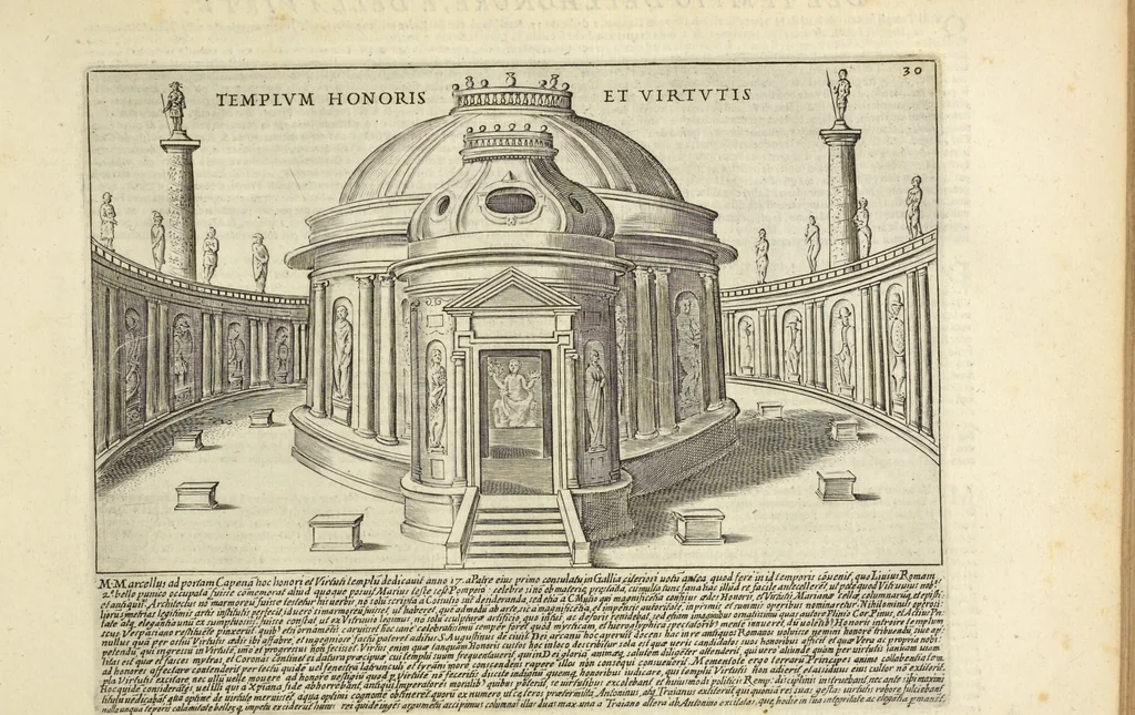 An illustration from Splendore dell'antica e moderna Roma : nel qvale si rappresentano tutti i principali tempii, teatri, anfiteatri, cerchi, naumachie, archi trionfali, obelischi, palagii, terme, curie, basiliche, fatti delli ré, consoli, dittatori, & imperadori romani : dignità ciuili, e militari, ordine de' trionfi, nomi di tutti i trionfanti, sacrificio militare; colonna Traiana, colonna Antonina, colonna milliaria, colonna rostrata, & colonna bellica; con li più segnalati giardini de gli antichi, e moderni Romani & altre cose notabili, con fatti, & imprese di quelli, da'quali sono stati eretti, e dedicati. : et in questa vltima impressione abbellito di molti disegni antichi, e moderni; & aggiuntoui le descrittioni delle figure cauate dall'antichi medaglie de gl'imperadori, in quatto linguagi latino, italiano, tedesco, e francese, per vtilità commune, 1641, leaf 86