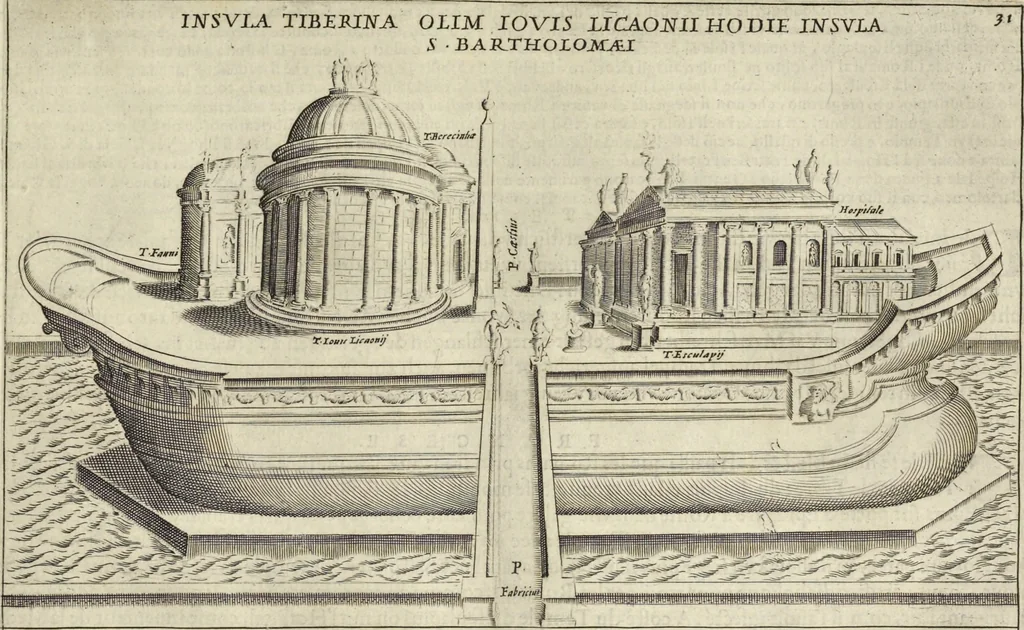 An illustration from Splendore dell'antica e moderna Roma : nel qvale si rappresentano tutti i principali tempii, teatri, anfiteatri, cerchi, naumachie, archi trionfali, obelischi, palagii, terme, curie, basiliche, fatti delli ré, consoli, dittatori, & imperadori romani : dignità ciuili, e militari, ordine de' trionfi, nomi di tutti i trionfanti, sacrificio militare; colonna Traiana, colonna Antonina, colonna milliaria, colonna rostrata, & colonna bellica; con li più segnalati giardini de gli antichi, e moderni Romani & altre cose notabili, con fatti, & imprese di quelli, da'quali sono stati eretti, e dedicati. : et in questa vltima impressione abbellito di molti disegni antichi, e moderni; & aggiuntoui le descrittioni delle figure cauate dall'antichi medaglie de gl'imperadori, in quatto linguagi latino, italiano, tedesco, e francese, per vtilità commune, 1641, leaf 88