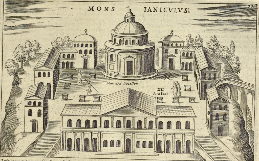 An illustration from Splendore dell'antica e moderna Roma : nel qvale si rappresentano tutti i principali tempii, teatri, anfiteatri, cerchi, naumachie, archi trionfali, obelischi, palagii, terme, curie, basiliche, fatti delli ré, consoli, dittatori, & imperadori romani : dignità ciuili, e militari, ordine de' trionfi, nomi di tutti i trionfanti, sacrificio militare; colonna Traiana, colonna Antonina, colonna milliaria, colonna rostrata, & colonna bellica; con li più segnalati giardini de gli antichi, e moderni Romani & altre cose notabili, con fatti, & imprese di quelli, da'quali sono stati eretti, e dedicati. : et in questa vltima impressione abbellito di molti disegni antichi, e moderni; & aggiuntoui le descrittioni delle figure cauate dall'antichi medaglie de gl'imperadori, in quatto linguagi latino, italiano, tedesco, e francese, per vtilità commune, 1641, leaf 90