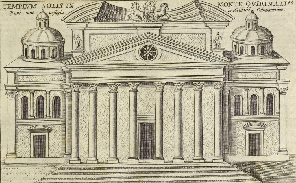 An illustration from Splendore dell'antica e moderna Roma : nel qvale si rappresentano tutti i principali tempii, teatri, anfiteatri, cerchi, naumachie, archi trionfali, obelischi, palagii, terme, curie, basiliche, fatti delli ré, consoli, dittatori, & imperadori romani : dignità ciuili, e militari, ordine de' trionfi, nomi di tutti i trionfanti, sacrificio militare; colonna Traiana, colonna Antonina, colonna milliaria, colonna rostrata, & colonna bellica; con li più segnalati giardini de gli antichi, e moderni Romani & altre cose notabili, con fatti, & imprese di quelli, da'quali sono stati eretti, e dedicati. : et in questa vltima impressione abbellito di molti disegni antichi, e moderni; & aggiuntoui le descrittioni delle figure cauate dall'antichi medaglie de gl'imperadori, in quatto linguagi latino, italiano, tedesco, e francese, per vtilità commune, 1641, leaf 92