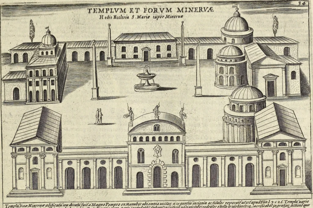An illustration from Splendore dell'antica e moderna Roma : nel qvale si rappresentano tutti i principali tempii, teatri, anfiteatri, cerchi, naumachie, archi trionfali, obelischi, palagii, terme, curie, basiliche, fatti delli ré, consoli, dittatori, & imperadori romani : dignità ciuili, e militari, ordine de' trionfi, nomi di tutti i trionfanti, sacrificio militare; colonna Traiana, colonna Antonina, colonna milliaria, colonna rostrata, & colonna bellica; con li più segnalati giardini de gli antichi, e moderni Romani & altre cose notabili, con fatti, & imprese di quelli, da'quali sono stati eretti, e dedicati. : et in questa vltima impressione abbellito di molti disegni antichi, e moderni; & aggiuntoui le descrittioni delle figure cauate dall'antichi medaglie de gl'imperadori, in quatto linguagi latino, italiano, tedesco, e francese, per vtilità commune, 1641, leaf 94