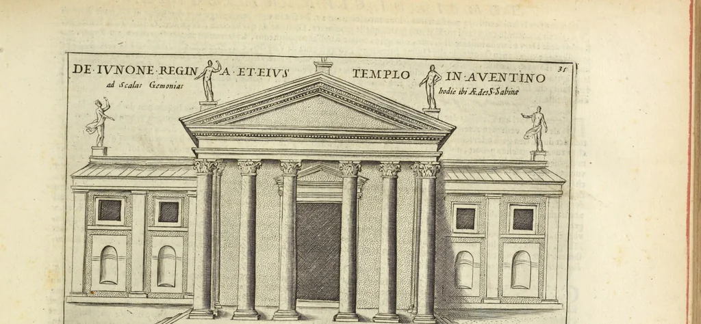 An illustration from Splendore dell'antica e moderna Roma : nel qvale si rappresentano tutti i principali tempii, teatri, anfiteatri, cerchi, naumachie, archi trionfali, obelischi, palagii, terme, curie, basiliche, fatti delli ré, consoli, dittatori, & imperadori romani : dignità ciuili, e militari, ordine de' trionfi, nomi di tutti i trionfanti, sacrificio militare; colonna Traiana, colonna Antonina, colonna milliaria, colonna rostrata, & colonna bellica; con li più segnalati giardini de gli antichi, e moderni Romani & altre cose notabili, con fatti, & imprese di quelli, da'quali sono stati eretti, e dedicati. : et in questa vltima impressione abbellito di molti disegni antichi, e moderni; & aggiuntoui le descrittioni delle figure cauate dall'antichi medaglie de gl'imperadori, in quatto linguagi latino, italiano, tedesco, e francese, per vtilità commune, 1641, leaf 96