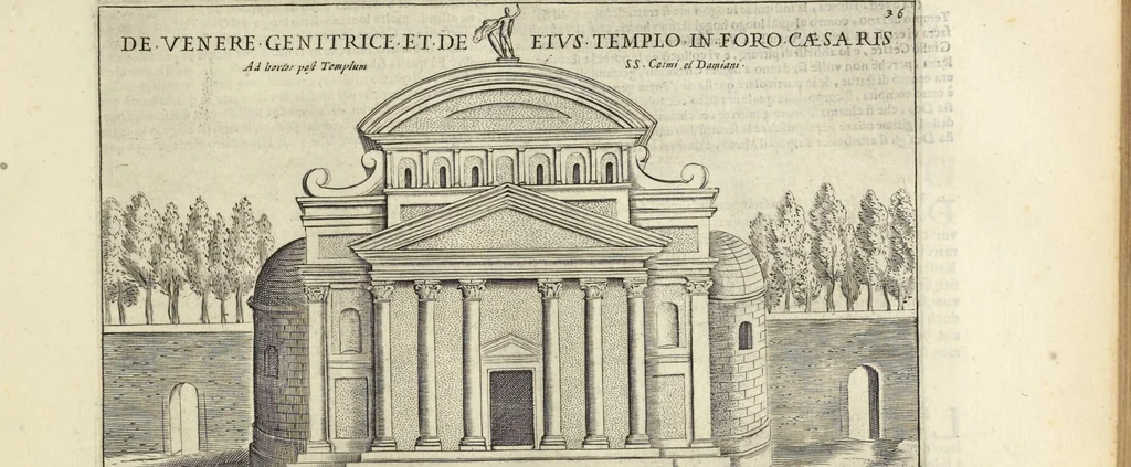 An illustration from Splendore dell'antica e moderna Roma : nel qvale si rappresentano tutti i principali tempii, teatri, anfiteatri, cerchi, naumachie, archi trionfali, obelischi, palagii, terme, curie, basiliche, fatti delli ré, consoli, dittatori, & imperadori romani : dignità ciuili, e militari, ordine de' trionfi, nomi di tutti i trionfanti, sacrificio militare; colonna Traiana, colonna Antonina, colonna milliaria, colonna rostrata, & colonna bellica; con li più segnalati giardini de gli antichi, e moderni Romani & altre cose notabili, con fatti, & imprese di quelli, da'quali sono stati eretti, e dedicati. : et in questa vltima impressione abbellito di molti disegni antichi, e moderni; & aggiuntoui le descrittioni delle figure cauate dall'antichi medaglie de gl'imperadori, in quatto linguagi latino, italiano, tedesco, e francese, per vtilità commune, 1641, leaf 98