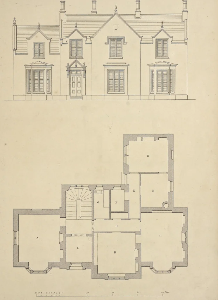 An illustration from Rural architecture : a series of designs, for ornamental cottages and villas, exemplified in plans, elevations, sections, and details, with descriptions, 1856, leaf 130