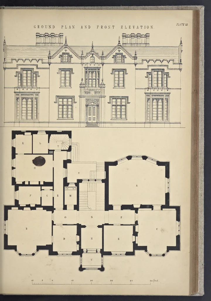 An illustration from Rural architecture : a series of designs, for ornamental cottages and villas, exemplified in plans, elevations, sections, and details, with descriptions, 1856, leaf 150
