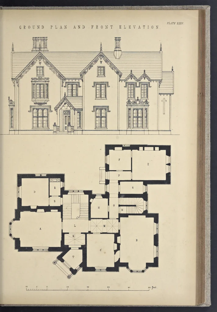 An illustration from Rural architecture : a series of designs, for ornamental cottages and villas, exemplified in plans, elevations, sections, and details, with descriptions, 1856, leaf 180