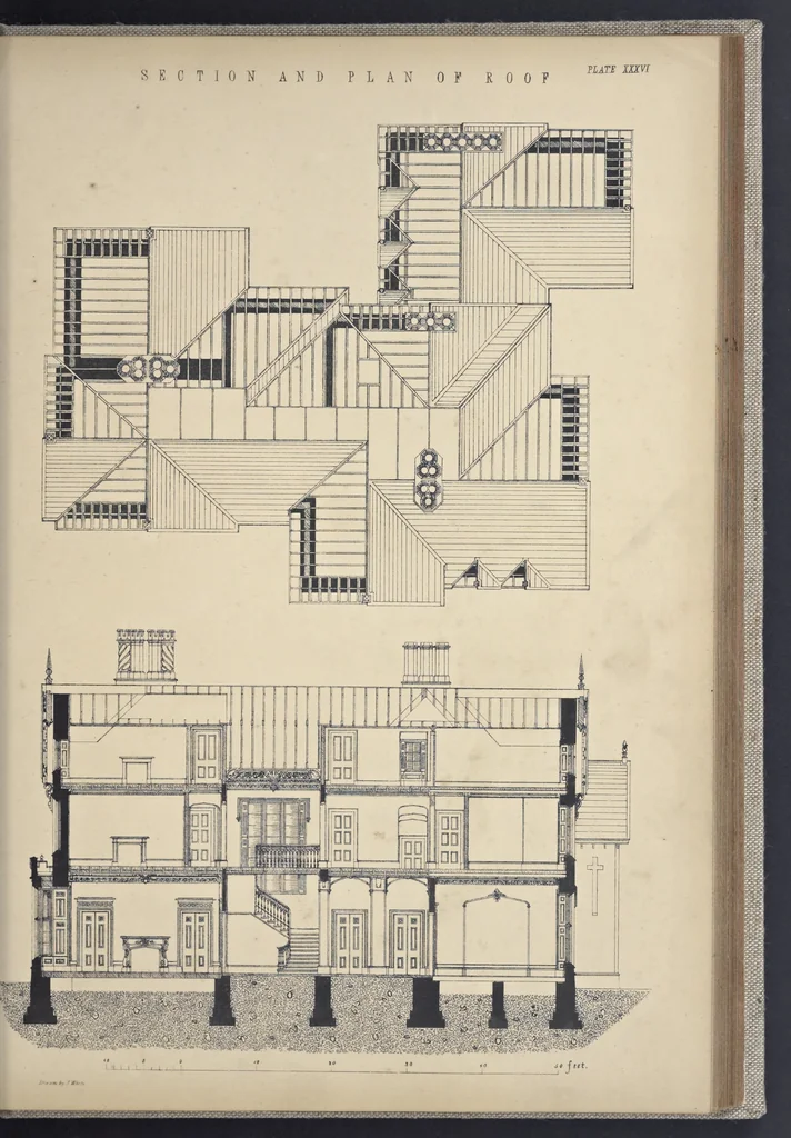 An illustration from Rural architecture : a series of designs, for ornamental cottages and villas, exemplified in plans, elevations, sections, and details, with descriptions, 1856, leaf 184