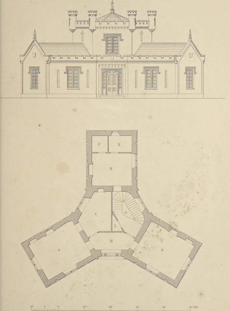 An illustration from Rural architecture : a series of designs, for ornamental cottages and villas, exemplified in plans, elevations, sections, and details, with descriptions, 1856, leaf 190