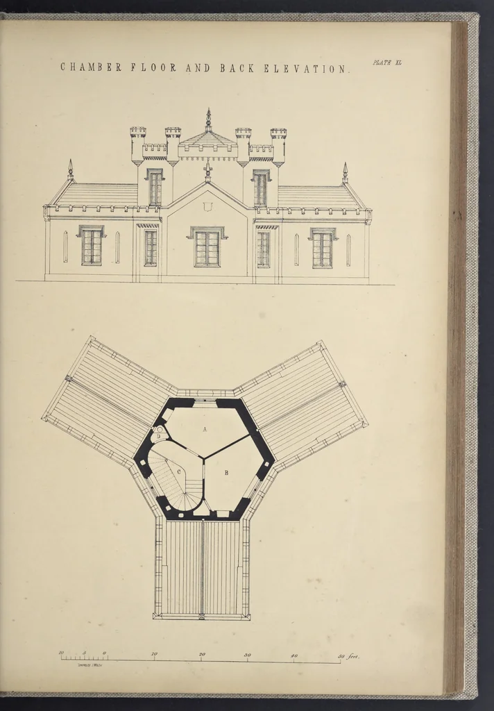 An illustration from Rural architecture : a series of designs, for ornamental cottages and villas, exemplified in plans, elevations, sections, and details, with descriptions, 1856, leaf 192