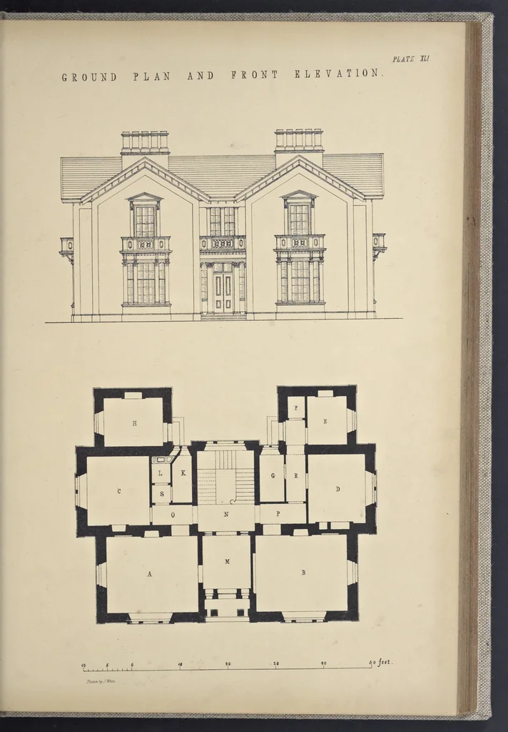 An illustration from Rural architecture : a series of designs, for ornamental cottages and villas, exemplified in plans, elevations, sections, and details, with descriptions, 1856, leaf 194