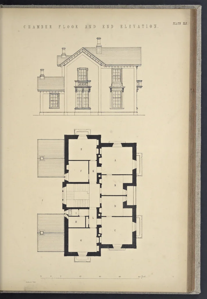 An illustration from Rural architecture : a series of designs, for ornamental cottages and villas, exemplified in plans, elevations, sections, and details, with descriptions, 1856, leaf 196