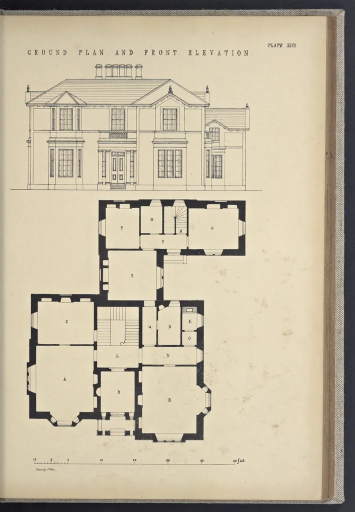 An illustration from Rural architecture : a series of designs, for ornamental cottages and villas, exemplified in plans, elevations, sections, and details, with descriptions, 1856, leaf 206