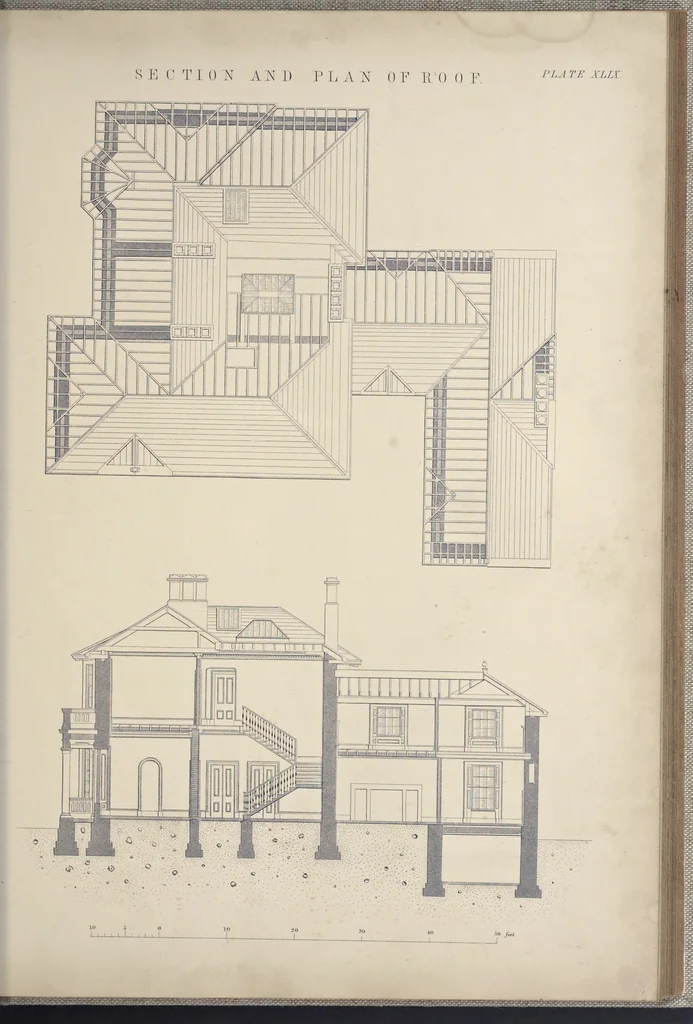 An illustration from Rural architecture : a series of designs, for ornamental cottages and villas, exemplified in plans, elevations, sections, and details, with descriptions, 1856, leaf 210