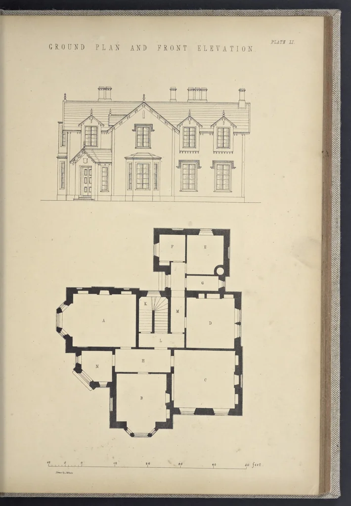 An illustration from Rural architecture : a series of designs, for ornamental cottages and villas, exemplified in plans, elevations, sections, and details, with descriptions, 1856, leaf 214