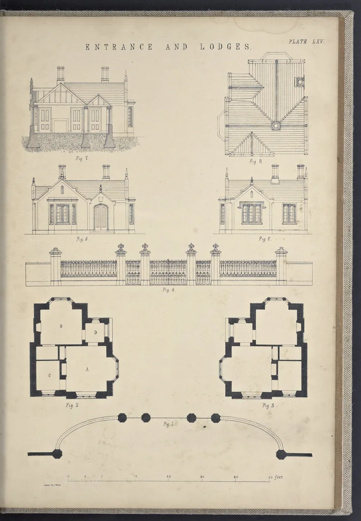 An illustration from Rural architecture : a series of designs, for ornamental cottages and villas, exemplified in plans, elevations, sections, and details, with descriptions, 1856, leaf 242