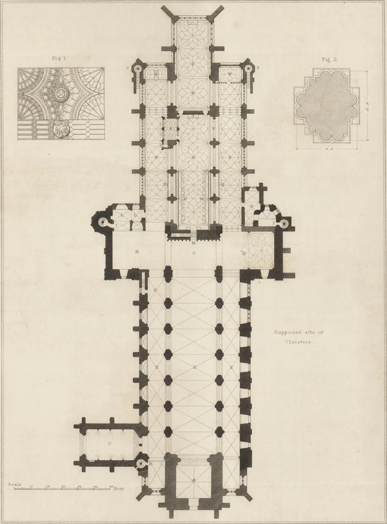 An illustration from The antiquities of the priory of Christ-church, Hants. : consisting of plans, sections, elevations, details, and perspective views, accompanied by historical and descriptive accounts of the priory church : together with some general particulars of the castle and borough, 1834, leaf 48