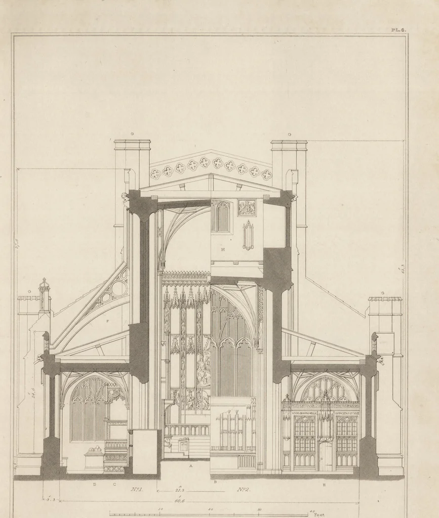 An illustration from The antiquities of the priory of Christ-church, Hants. : consisting of plans, sections, elevations, details, and perspective views, accompanied by historical and descriptive accounts of the priory church : together with some general particulars of the castle and borough, 1834, leaf 70