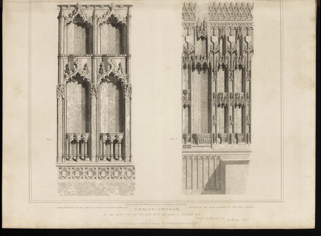 An illustration from The antiquities of the priory of Christ-church, Hants. : consisting of plans, sections, elevations, details, and perspective views, accompanied by historical and descriptive accounts of the priory church : together with some general particulars of the castle and borough, 1834, leaf 92