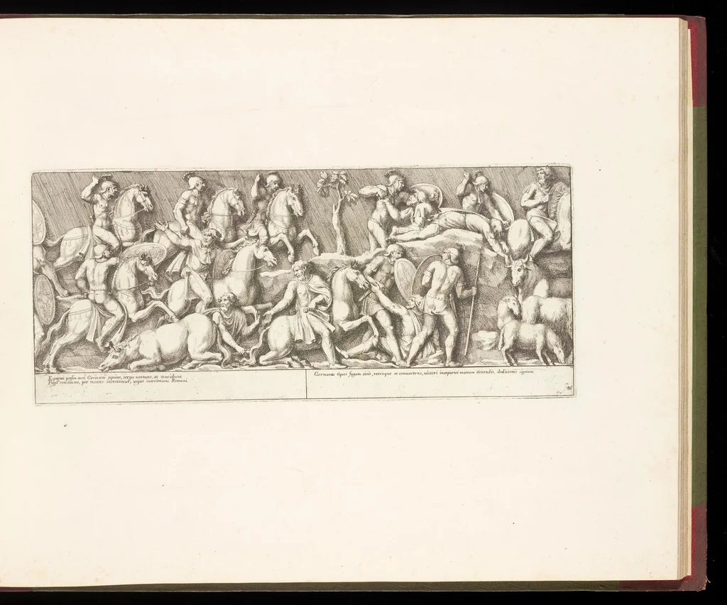 An illustration from Colvmna Antoniniana Marci Avrelii Antonini Avgvsti : rebvs gestis insignis germanis simvl, et sarmatis, gemino bello devictis ex s. c. Romae in Antonini foro, ad viã Flaminiã, erecta, 1672, leaf 104