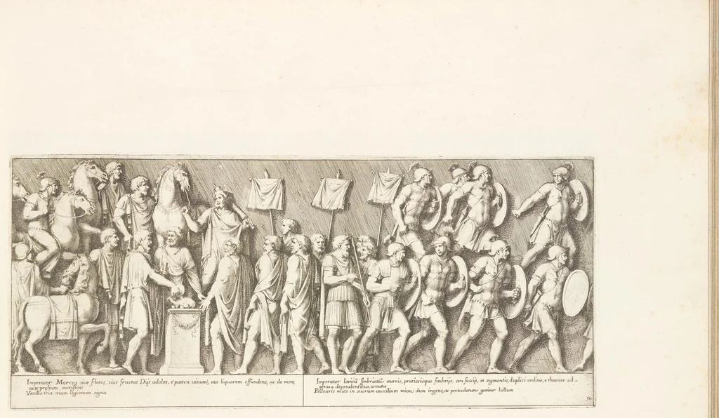 An illustration from Colvmna Antoniniana Marci Avrelii Antonini Avgvsti : rebvs gestis insignis germanis simvl, et sarmatis, gemino bello devictis ex s. c. Romae in Antonini foro, ad viã Flaminiã, erecta, 1672, leaf 108