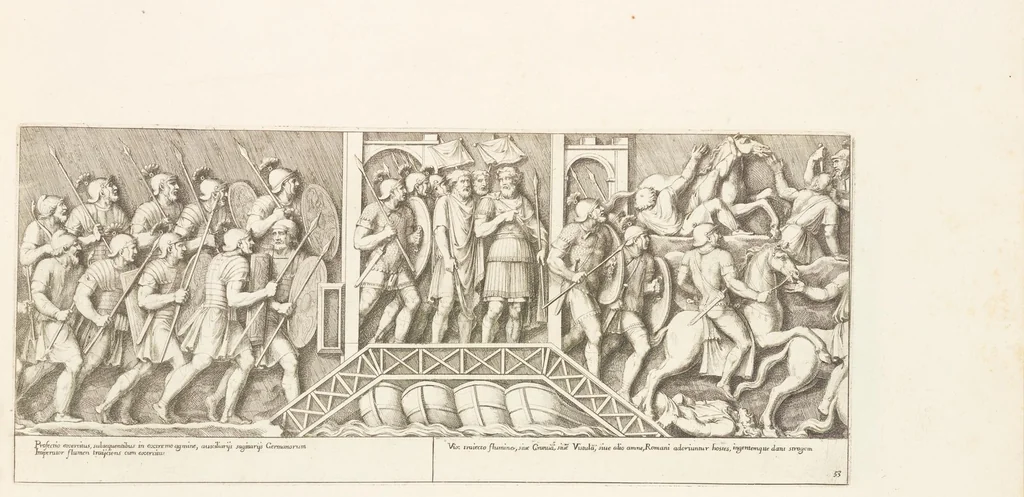 An illustration from Colvmna Antoniniana Marci Avrelii Antonini Avgvsti : rebvs gestis insignis germanis simvl, et sarmatis, gemino bello devictis ex s. c. Romae in Antonini foro, ad viã Flaminiã, erecta, 1672, leaf 114