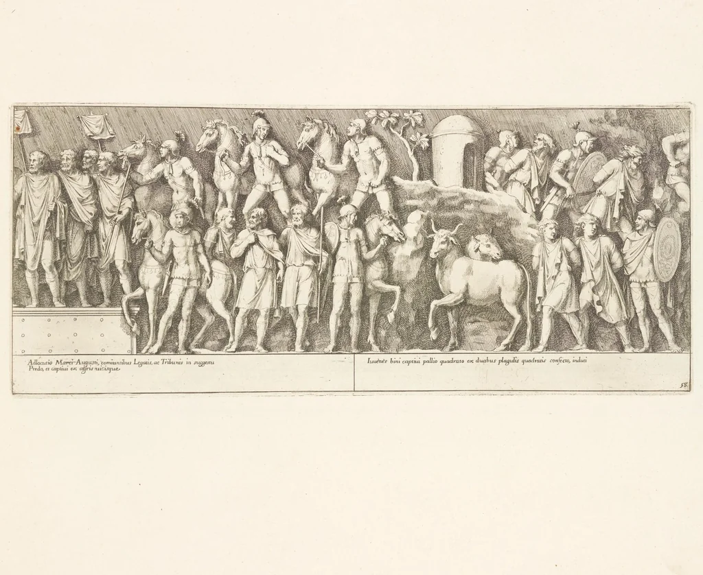 An illustration from Colvmna Antoniniana Marci Avrelii Antonini Avgvsti : rebvs gestis insignis germanis simvl, et sarmatis, gemino bello devictis ex s. c. Romae in Antonini foro, ad viã Flaminiã, erecta, 1672, leaf 124