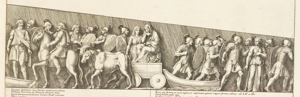 An illustration from Colvmna Antoniniana Marci Avrelii Antonini Avgvsti : rebvs gestis insignis germanis simvl, et sarmatis, gemino bello devictis ex s. c. Romae in Antonini foro, ad viã Flaminiã, erecta, 1672, leaf 156