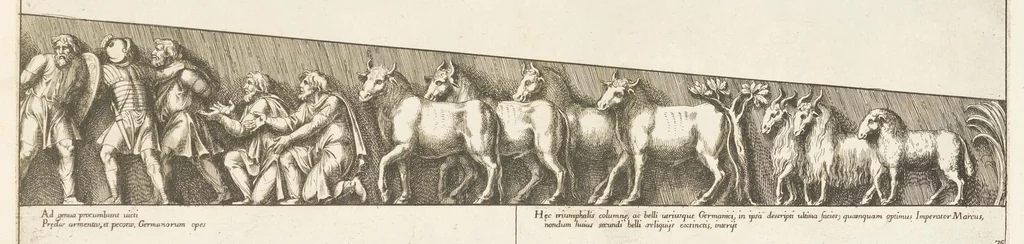 An illustration from Colvmna Antoniniana Marci Avrelii Antonini Avgvsti : rebvs gestis insignis germanis simvl, et sarmatis, gemino bello devictis ex s. c. Romae in Antonini foro, ad viã Flaminiã, erecta, 1672, leaf 158