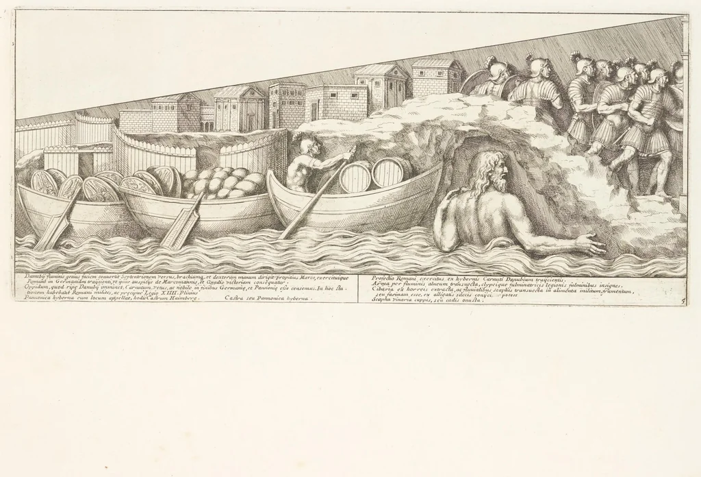 An illustration from Colvmna Antoniniana Marci Avrelii Antonini Avgvsti : rebvs gestis insignis germanis simvl, et sarmatis, gemino bello devictis ex s. c. Romae in Antonini foro, ad viã Flaminiã, erecta, 1672, leaf 18