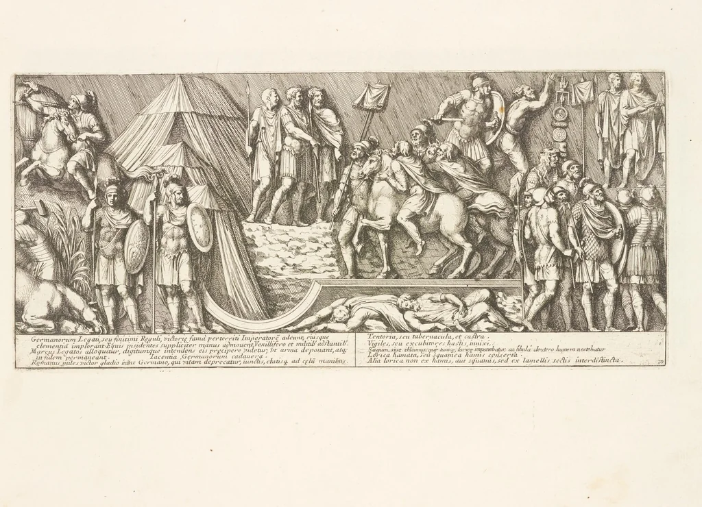 An illustration from Colvmna Antoniniana Marci Avrelii Antonini Avgvsti : rebvs gestis insignis germanis simvl, et sarmatis, gemino bello devictis ex s. c. Romae in Antonini foro, ad viã Flaminiã, erecta, 1672, leaf 28