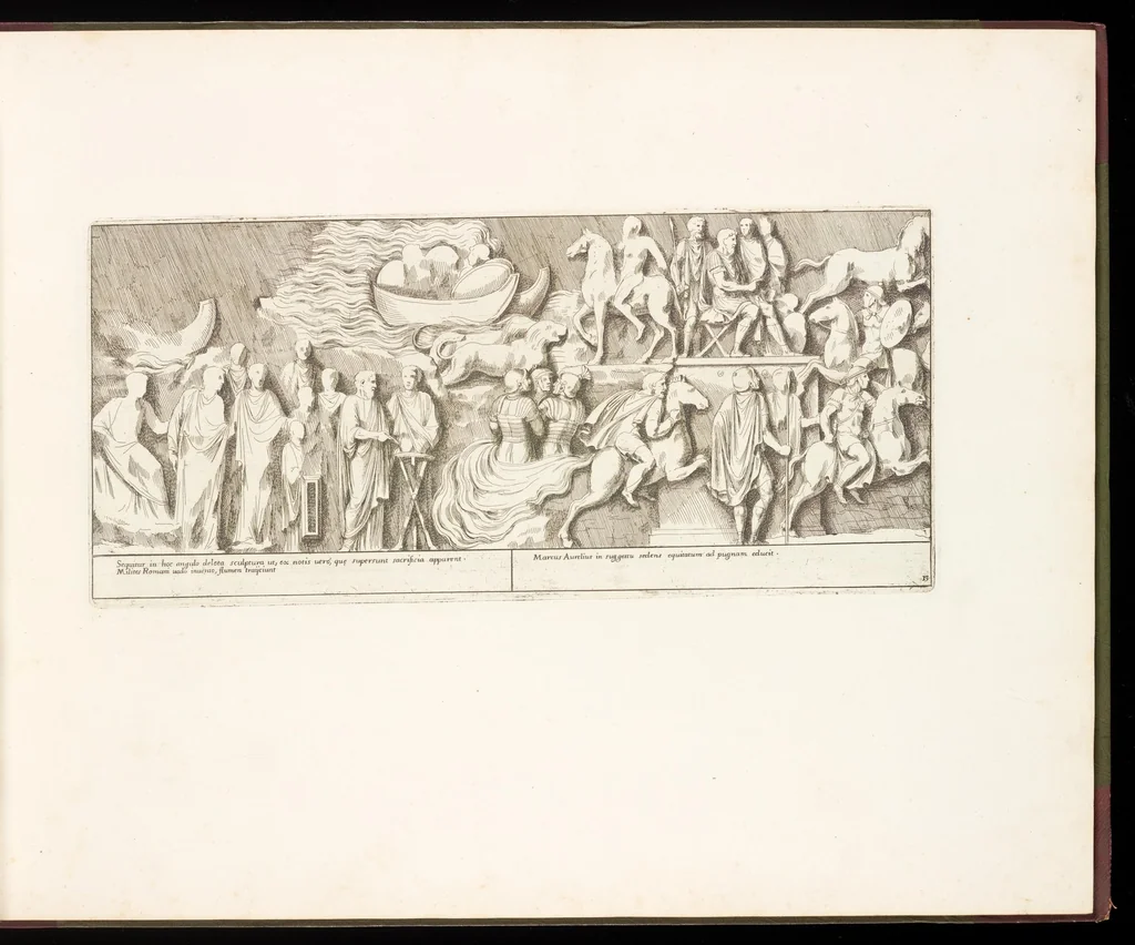 An illustration from Colvmna Antoniniana Marci Avrelii Antonini Avgvsti : rebvs gestis insignis germanis simvl, et sarmatis, gemino bello devictis ex s. c. Romae in Antonini foro, ad viã Flaminiã, erecta, 1672, leaf 34