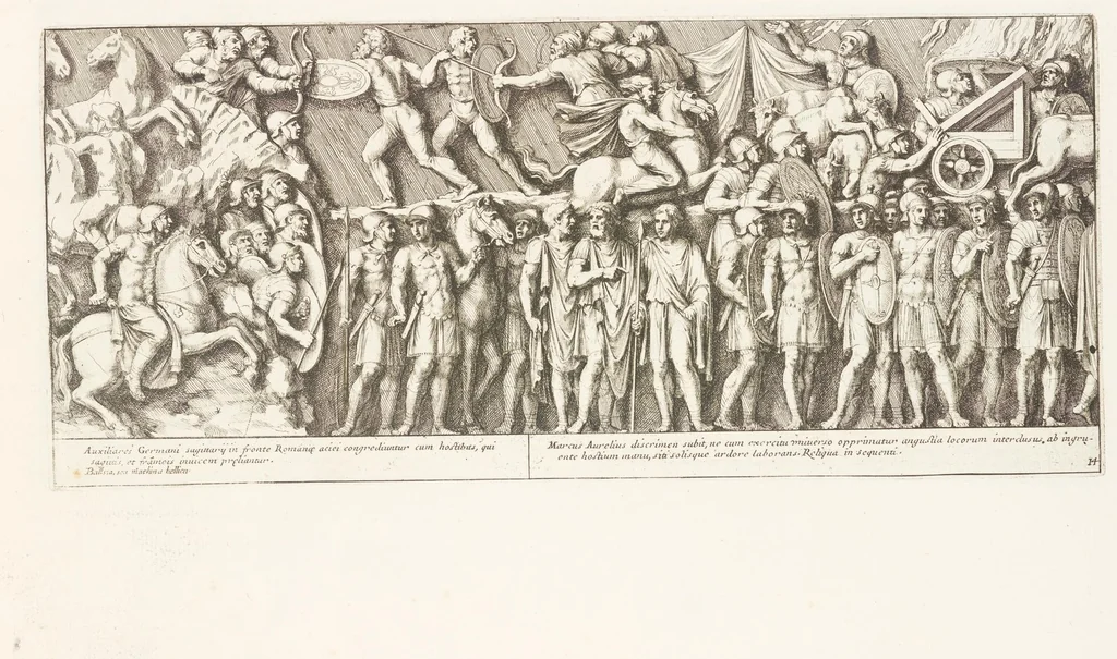 An illustration from Colvmna Antoniniana Marci Avrelii Antonini Avgvsti : rebvs gestis insignis germanis simvl, et sarmatis, gemino bello devictis ex s. c. Romae in Antonini foro, ad viã Flaminiã, erecta, 1672, leaf 36