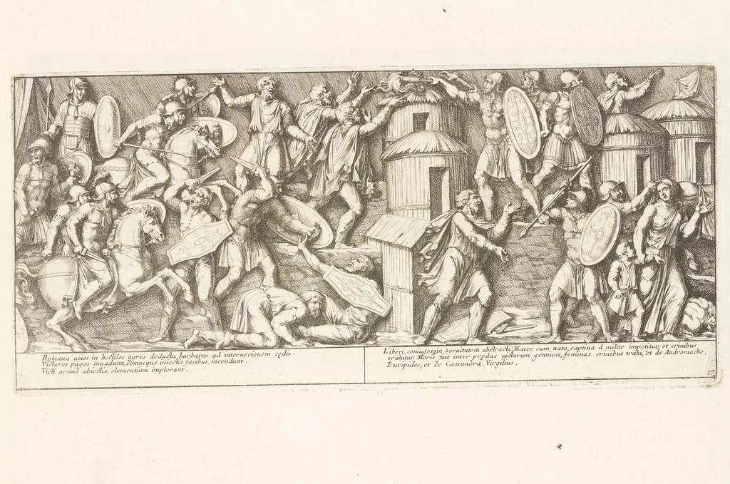 An illustration from Colvmna Antoniniana Marci Avrelii Antonini Avgvsti : rebvs gestis insignis germanis simvl, et sarmatis, gemino bello devictis ex s. c. Romae in Antonini foro, ad viã Flaminiã, erecta, 1672, leaf 42