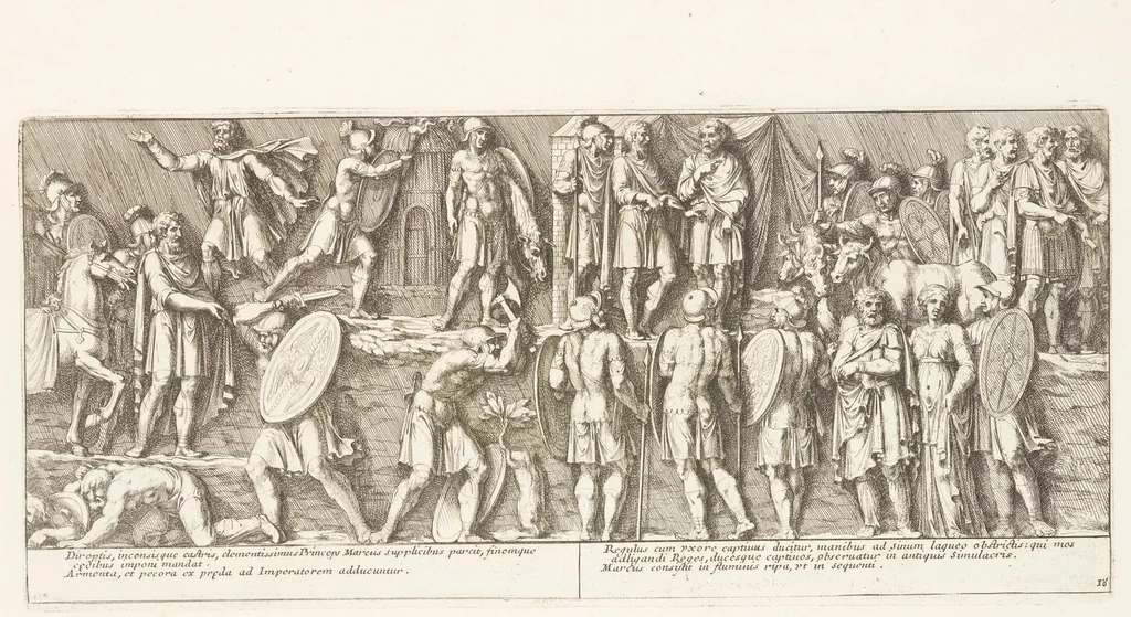 An illustration from Colvmna Antoniniana Marci Avrelii Antonini Avgvsti : rebvs gestis insignis germanis simvl, et sarmatis, gemino bello devictis ex s. c. Romae in Antonini foro, ad viã Flaminiã, erecta, 1672, leaf 44