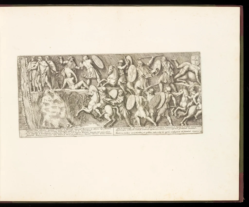 An illustration from Colvmna Antoniniana Marci Avrelii Antonini Avgvsti : rebvs gestis insignis germanis simvl, et sarmatis, gemino bello devictis ex s. c. Romae in Antonini foro, ad viã Flaminiã, erecta, 1672, leaf 46